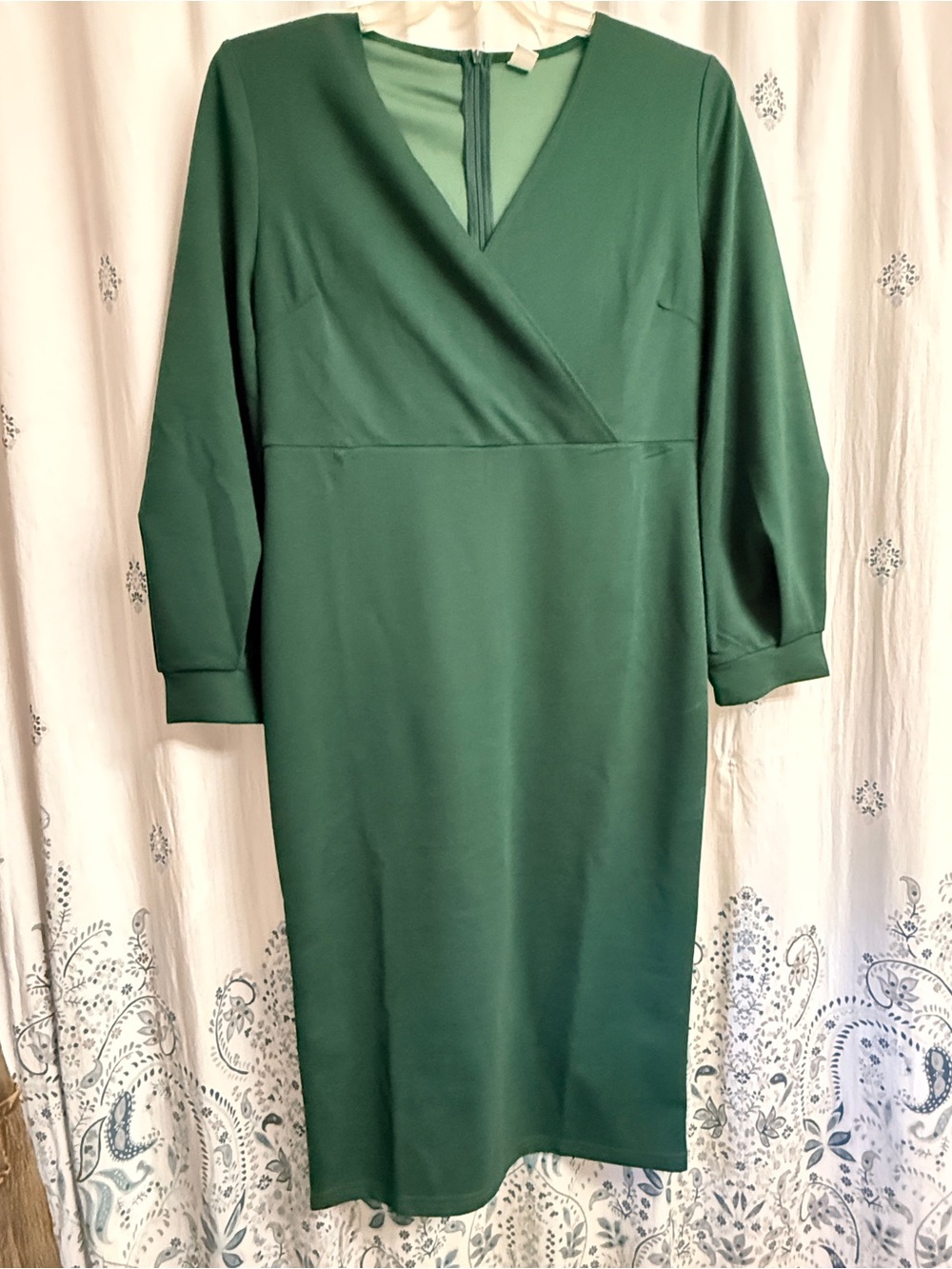 Emerald Green Faux Wrap Midi Dress Balloon Sleeve Size Large